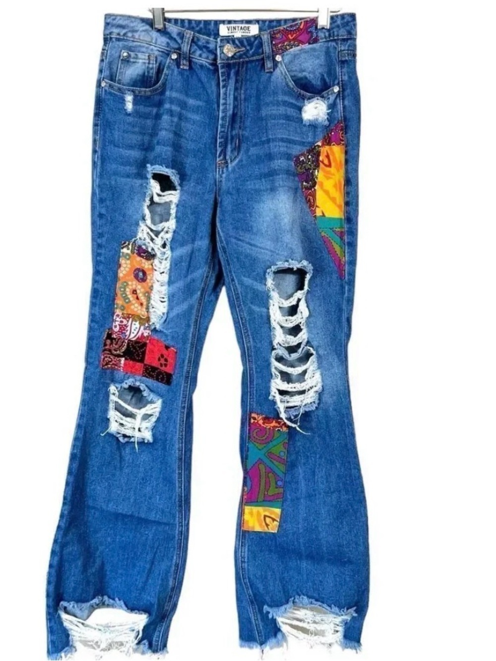 Vintage Almost Fsmous Women Boho Patchwork Ripped Distressed Blue Jeans Festival
